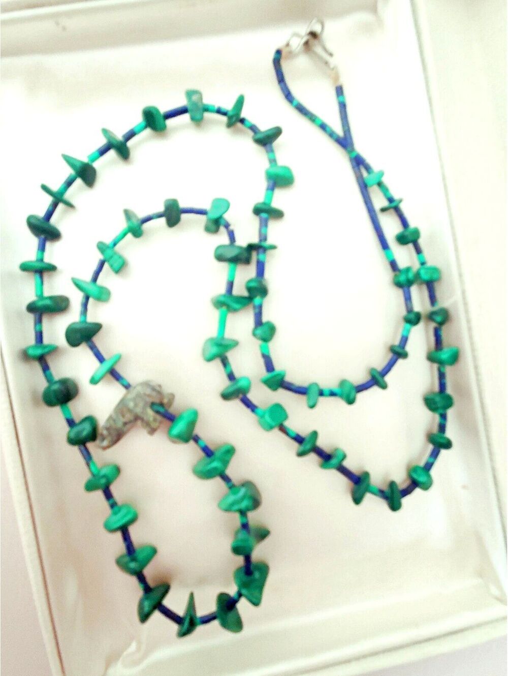 Vintage Azurite Malachite Nugget and Sterling Silver Bear Necklace